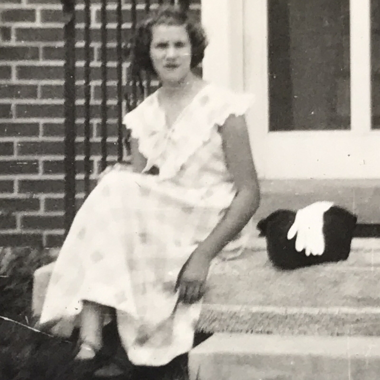 Old Original Photo BW Young Woman Sitting On Porch Old Photograph