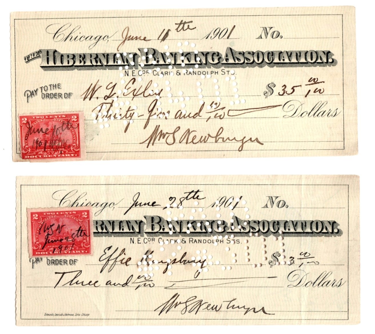 (2) 1901 CHICAGO IL HIBERNIAN BANKING ASSOCIATION BANK CHECK 2¢ DOC STAMP