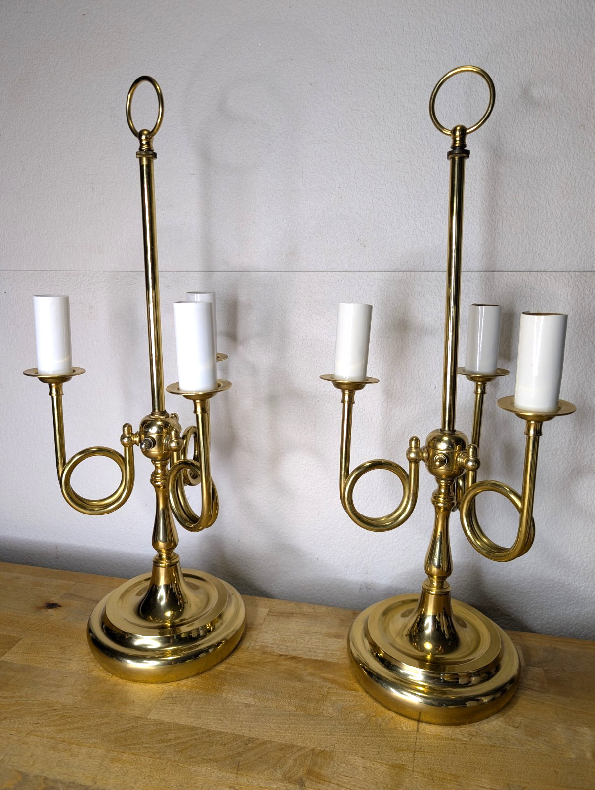 Pair Vintage Brass Bouillotte Style 3-Light Candelabra Table Lamps 22