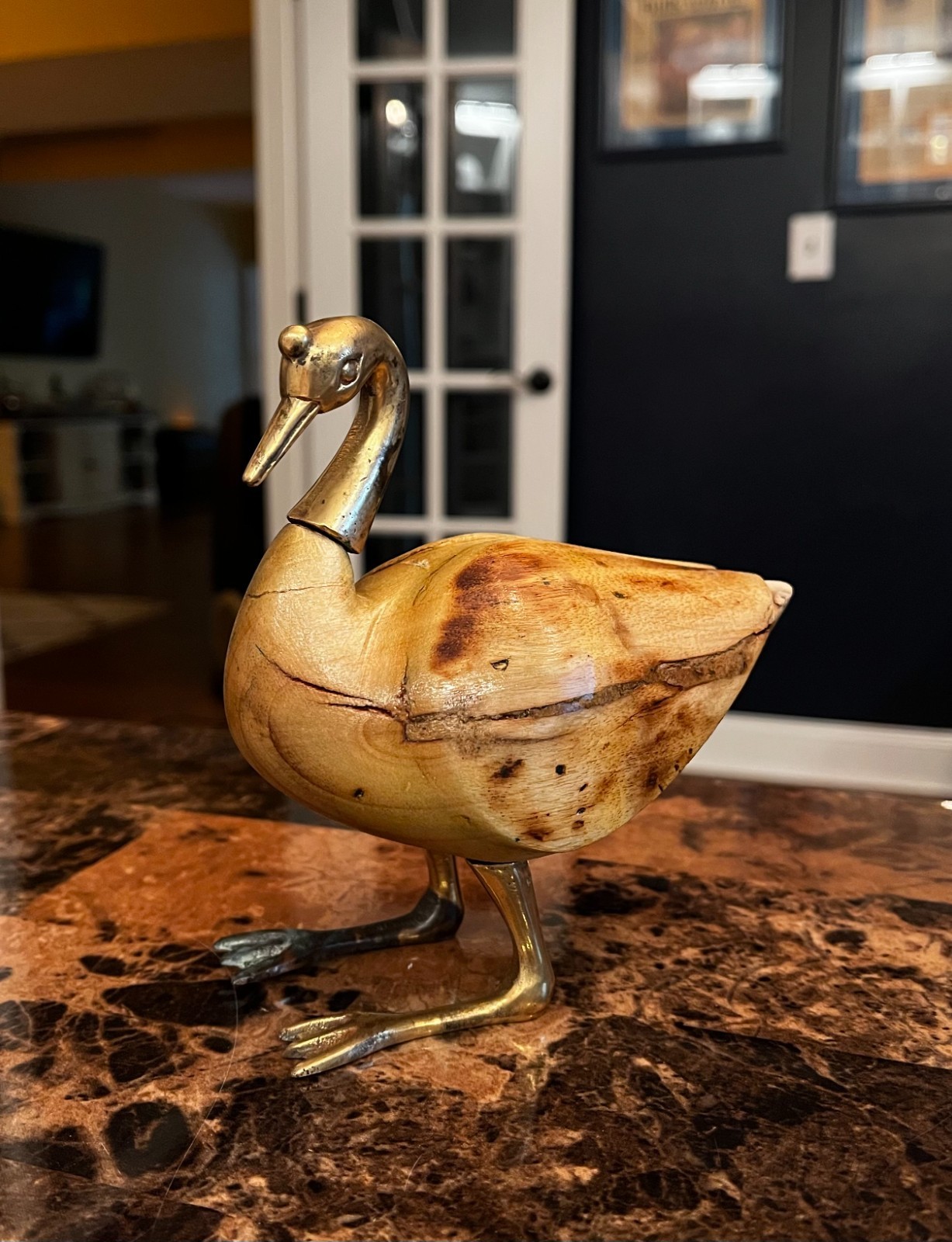 Vintage Brass & Hand Carved Oak Decorative Duck