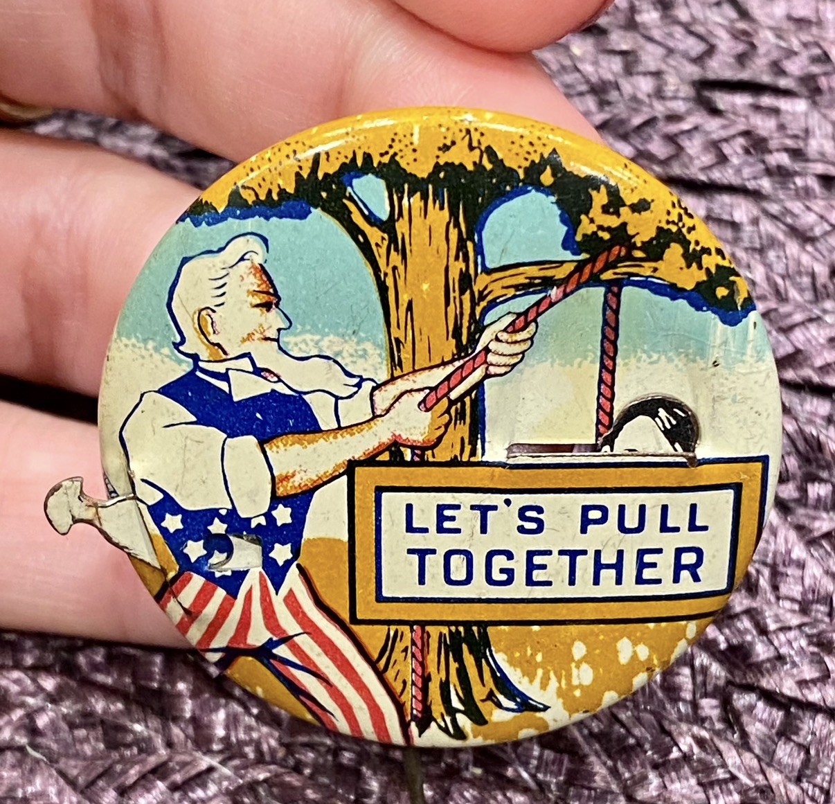 VTG 1.75” Let’s Pull Together Pinback-Mechanical-WWII-Button-propaganda-