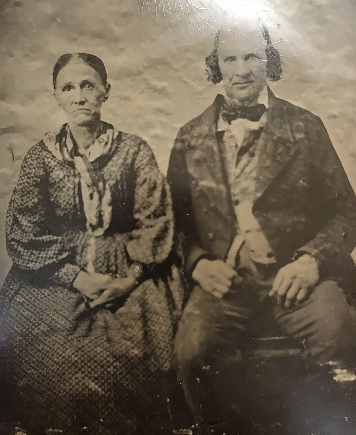 ANTIQUE TINTYPE OF SCARY EALY GRANDMA AND GRAMPS WITH CURLS