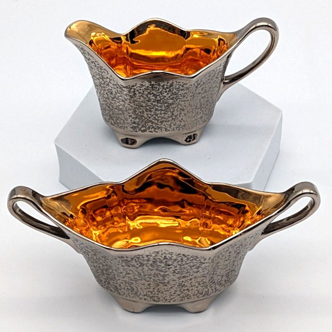 Stouffer Studio China Silver Textured Creamer & Sugar With 24 Kt Gold Lining