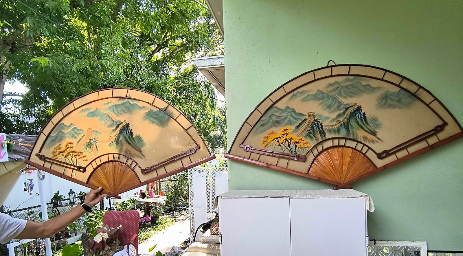 Vintage Pair Of Bamboo Oriental Chinese 46 Inch Wall Fans Great Wall Of China
