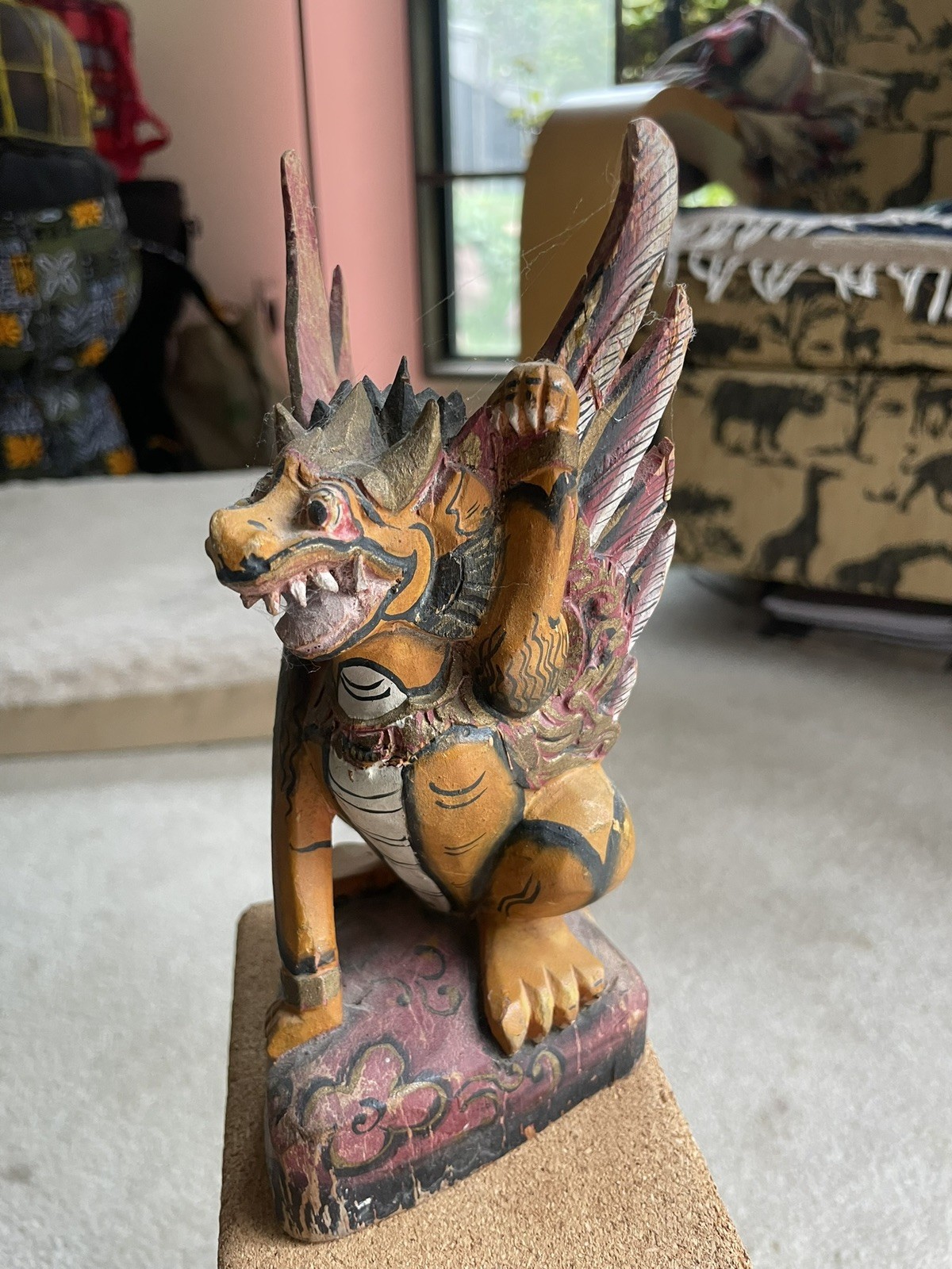 Vintage 1984 Balinese Singa Winged Lion Guardian Hand Carved Wood Bali Indonesia
