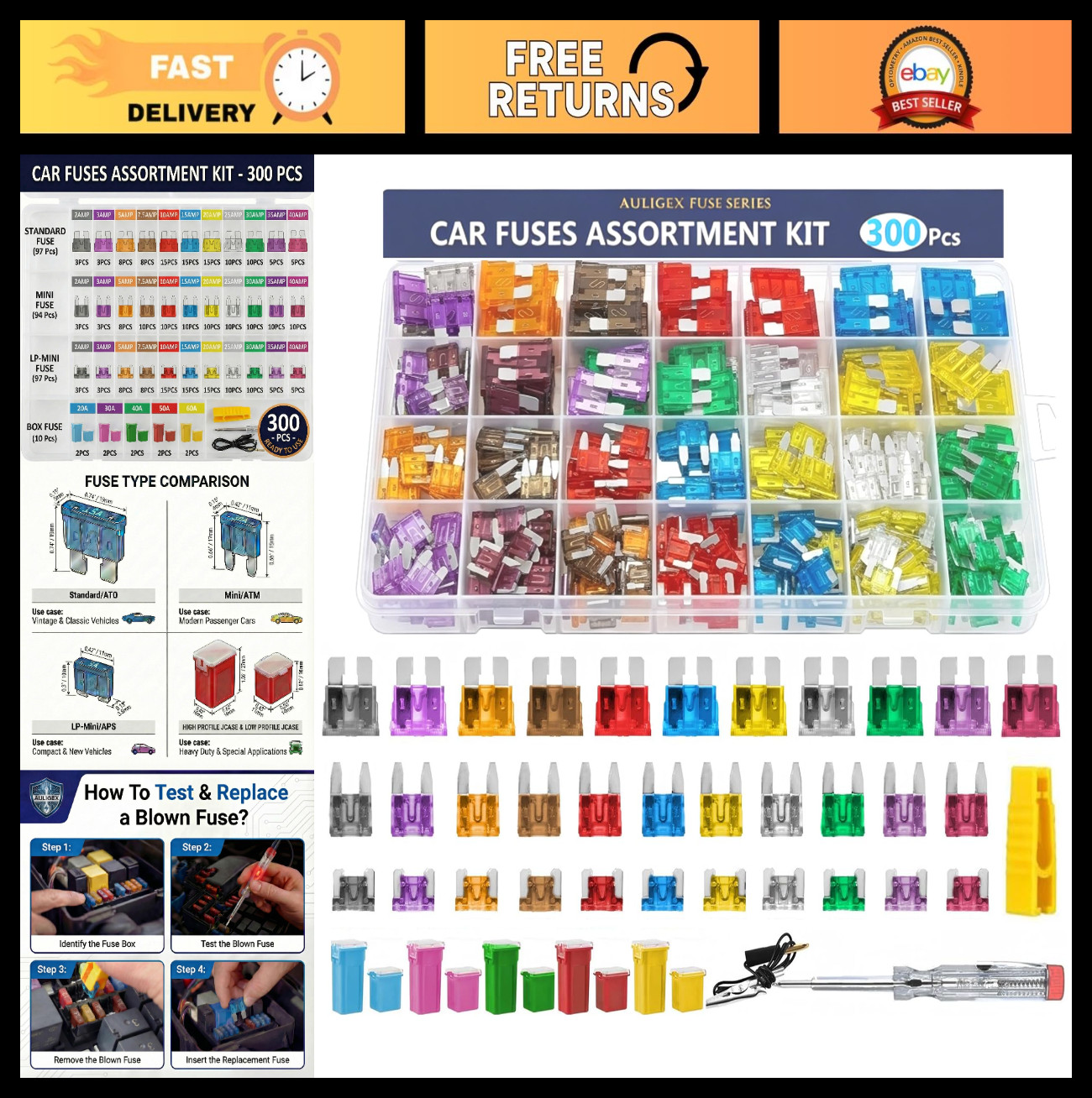 300 Pcs Automotive Fuse Assortment Kit with Tester | JCase, Mini Blade, 6-24V
