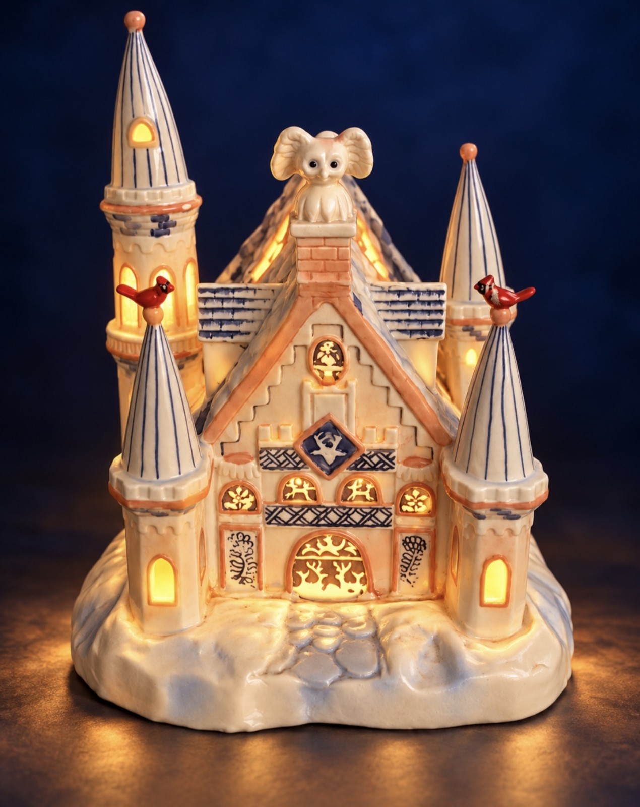 Vtg Silvestri Ceramic Lighted Snowy Castle w/ Owl/Cardinals Fairy-Tale Style