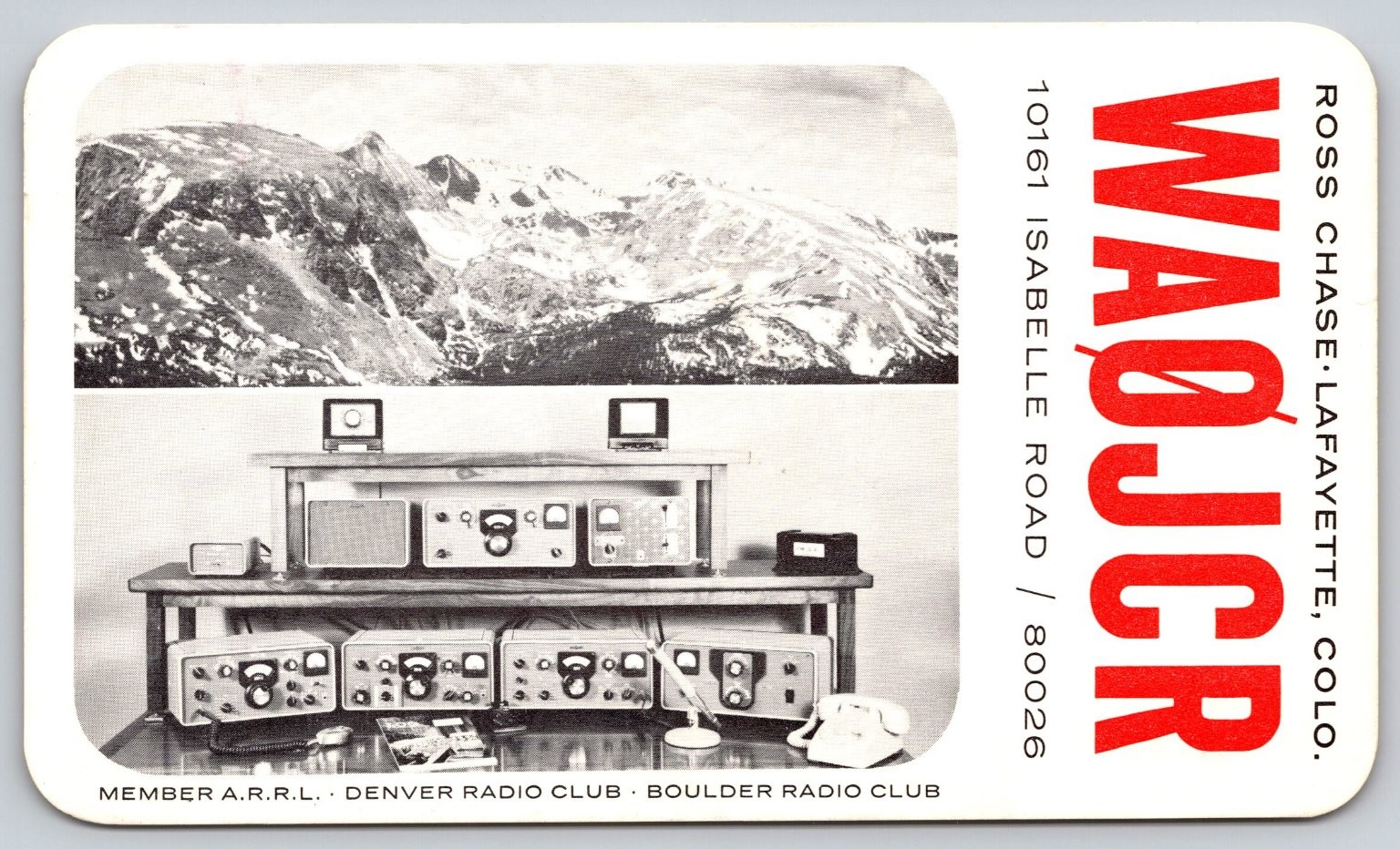 Vintage WAØJCR Lafayette, CO Ham Radio QSL Card - Rockies & Shack A420