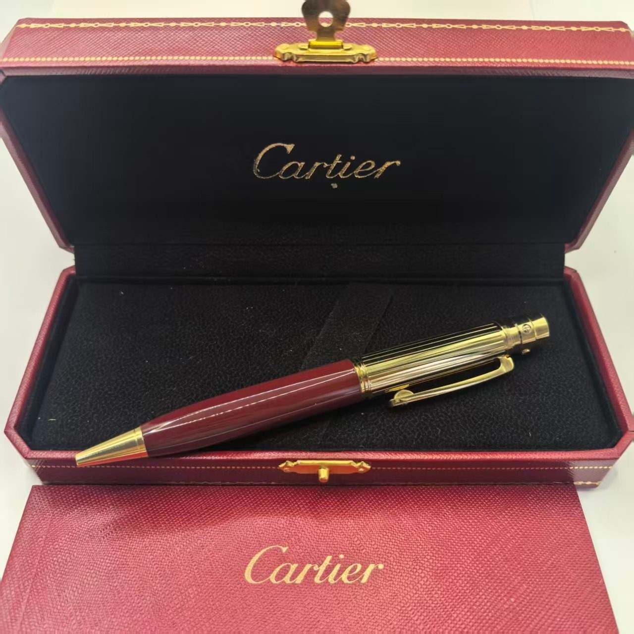 HOT Cartier Must de Cartier Ballpoint Pen Burgundy Red Gold Trim Vintage NIB