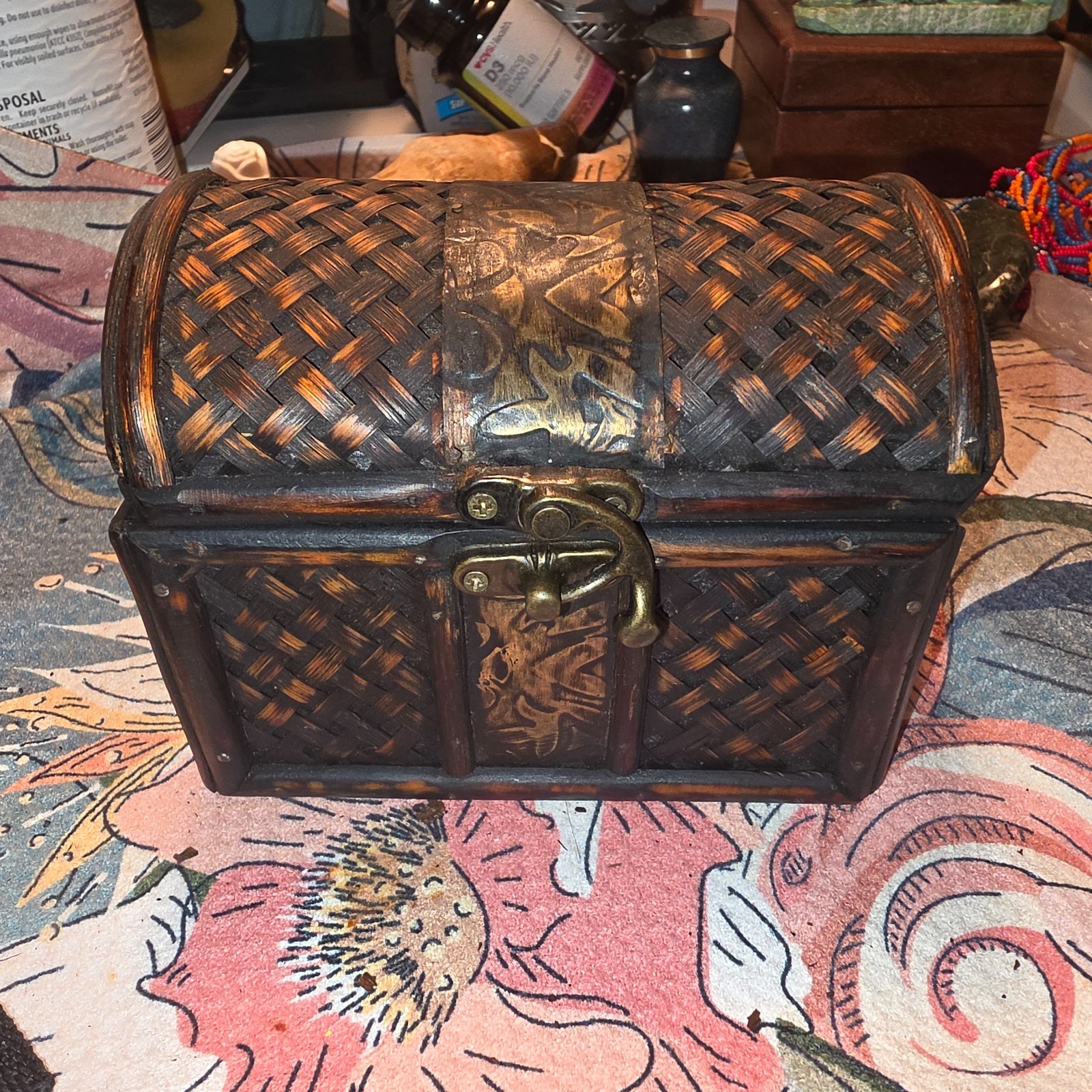 Small Vintage Wooden Bamboo Crosshatch Chest Trinket Box Keepsake Case