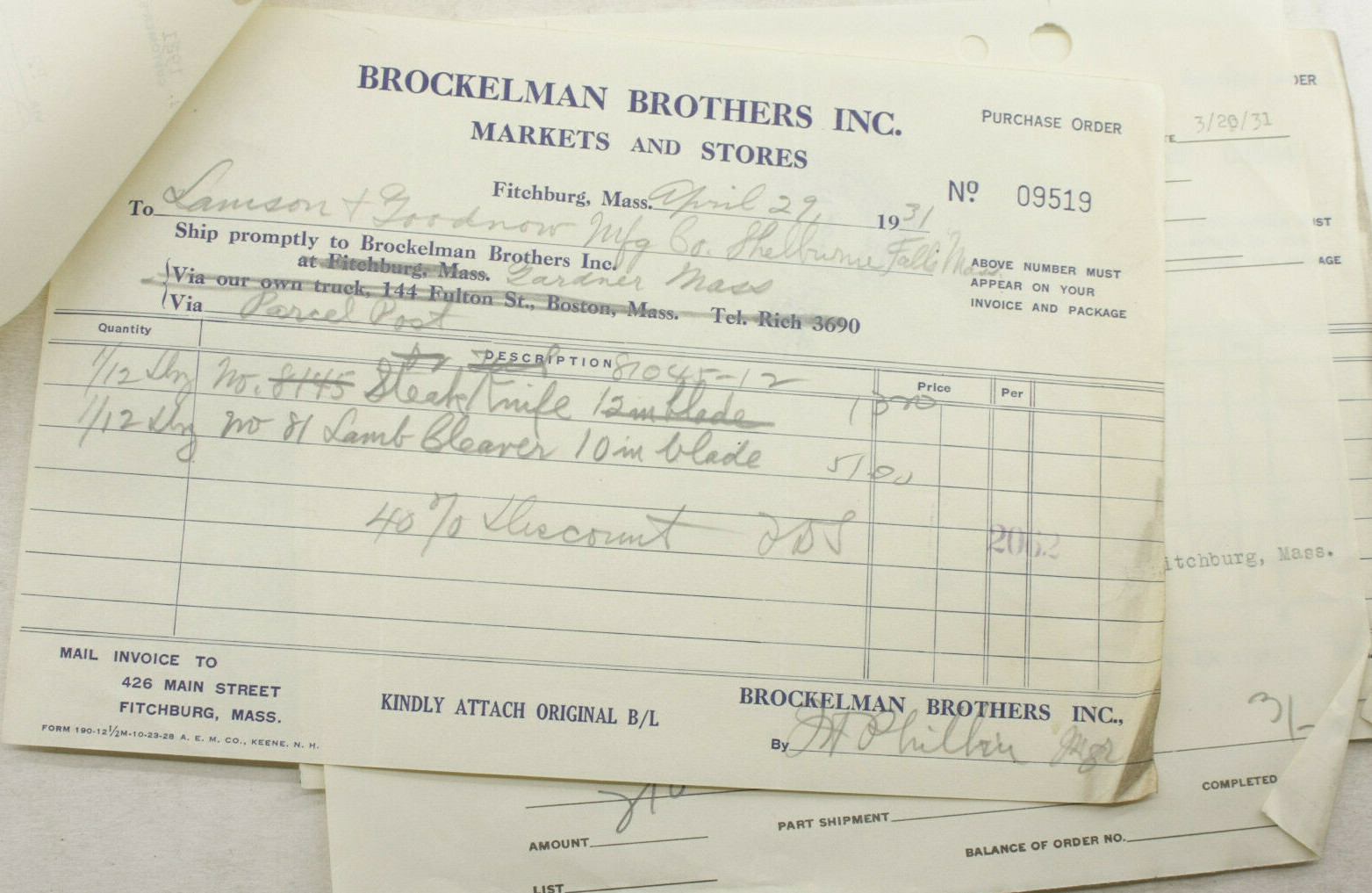1931 Lamson Goodnow Brockelman Brothers Gardner MA Steak Knifes Ephemera P1349F 1931 Lamson Goodnow Brockelman Brothers Gardner MA Steak Knifes Ephemera P1349F