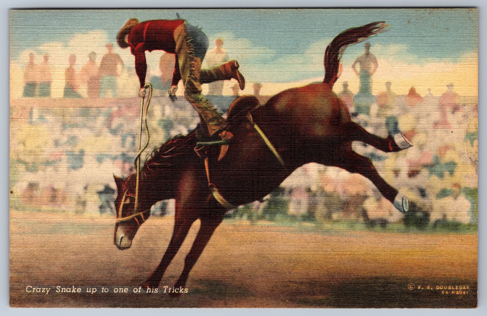 Rodeo Bronc Riding Linen Postcard Crazy Snake Doubleday Laramie WY 1952 Cowboy