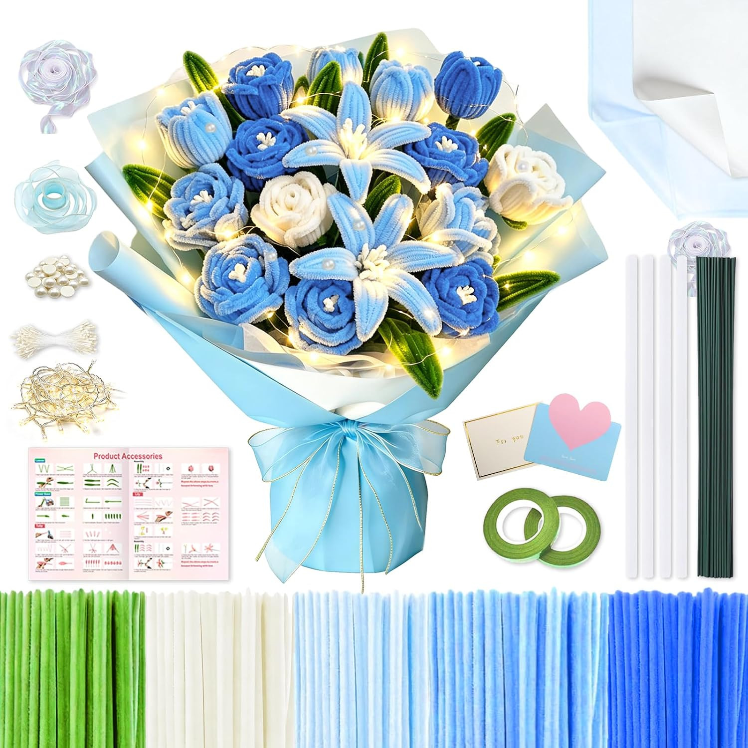 400 Pcs Pipe Cleaner Flower Kit, 5 Colors of Pipe Cleaners for DIY Flower Making