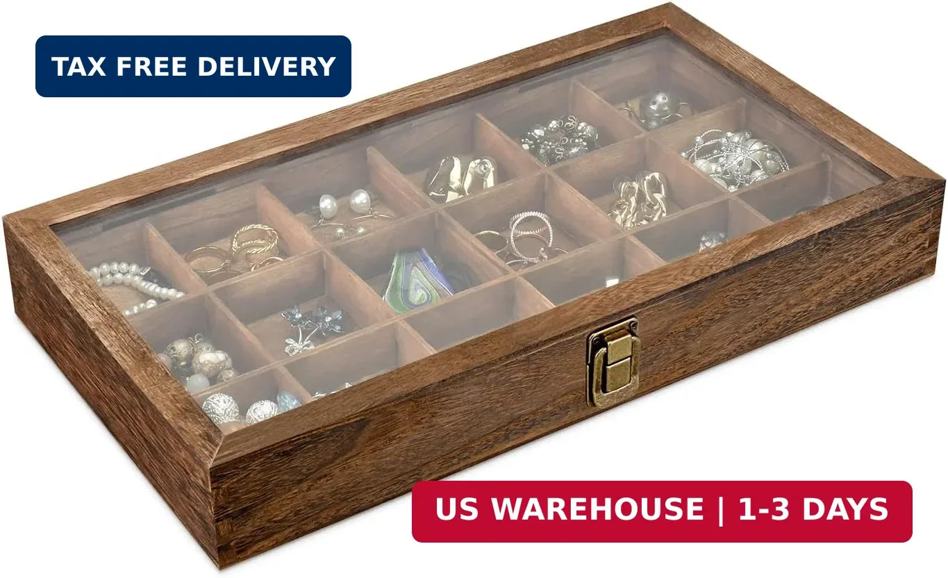 MOOCA Wooden Jewelry Display and Beads Display Storage Case with Tempered Glass
