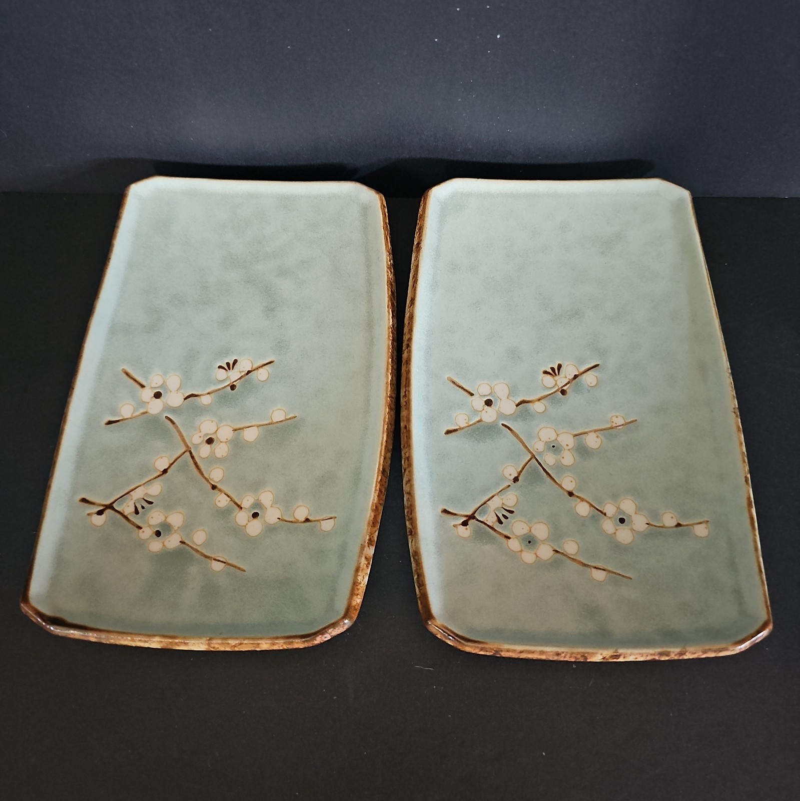 Kafuh Cherry Blossom Sushi Plates Set of 2 Japan Blue Stoneware 7 3/8