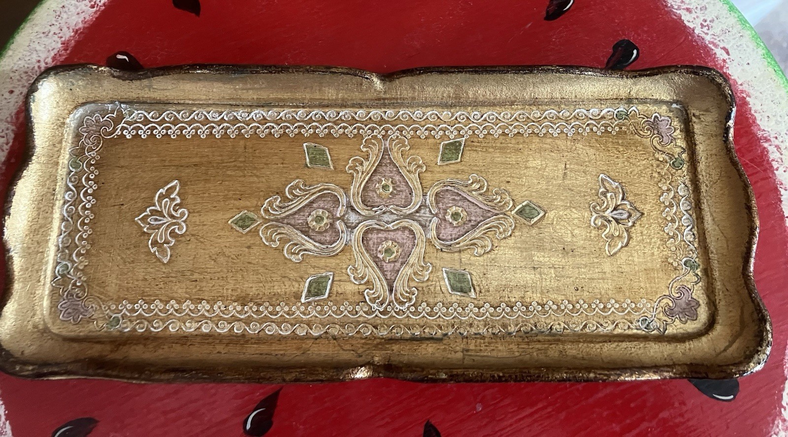 Vtg Italian Florentine Tray Gold Green Pink Wood Mira Firenze Italy 4” x 10”
