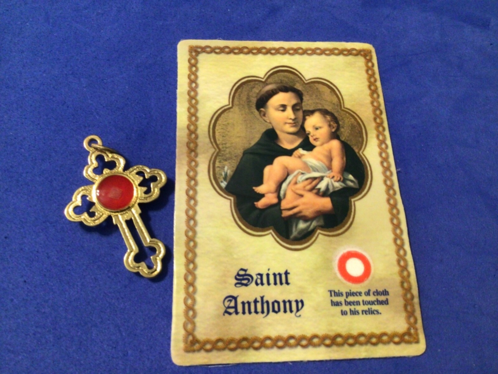 Rare St ANTHONY Relic Cross with Relic Card Gold Plate Italy Saint of Miracles  