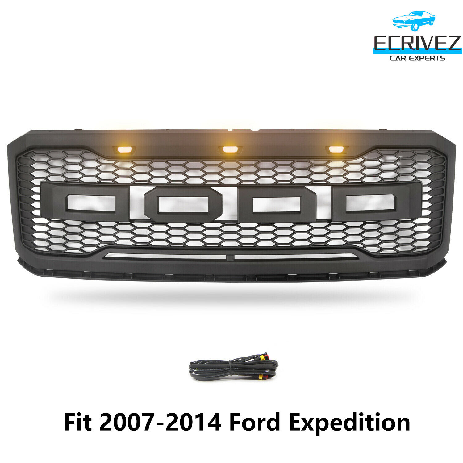 Fit 2007-2014 Ford Expedition Grille Raptor Style Black Front Grill W/letter&LED