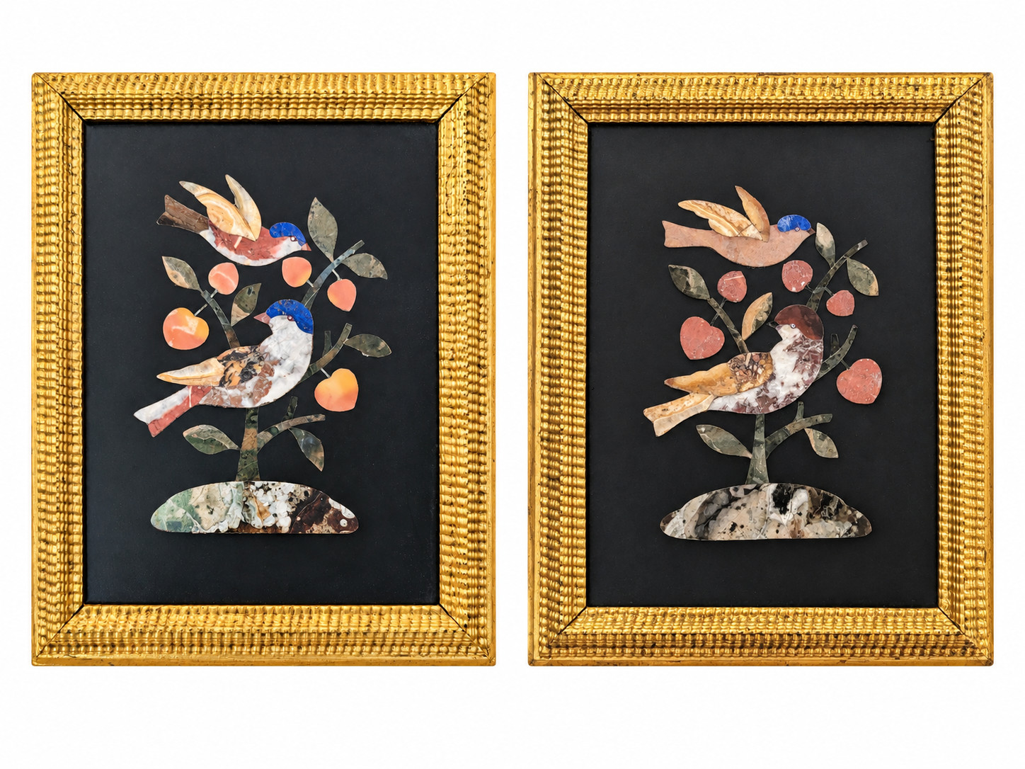 Pair Antique Italian Pietra Dura Plaques Birds Lapis Florentine Mosaic Framed