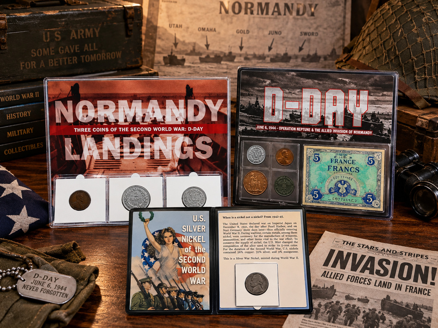 🇺🇸 WWII D-DAY & WARTIME CURRENCY COLLECTION — 3 ALBUM SET - NORMANDY, V NICKEL