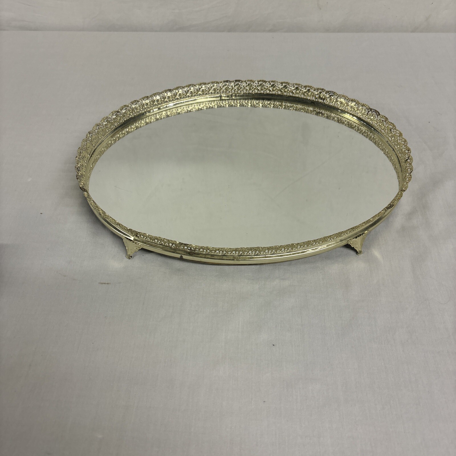 Vtg 60s Mid Century Modern MCM Large Brass Floral Mirrored Vanity Tray Barware