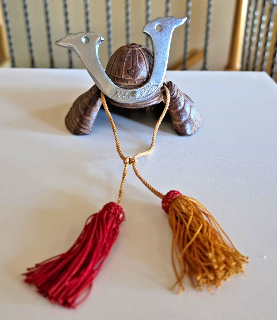 Vintage Miniature Japanese Samurai Helmet Cast Iron Kabuto Armor Tassel Decor