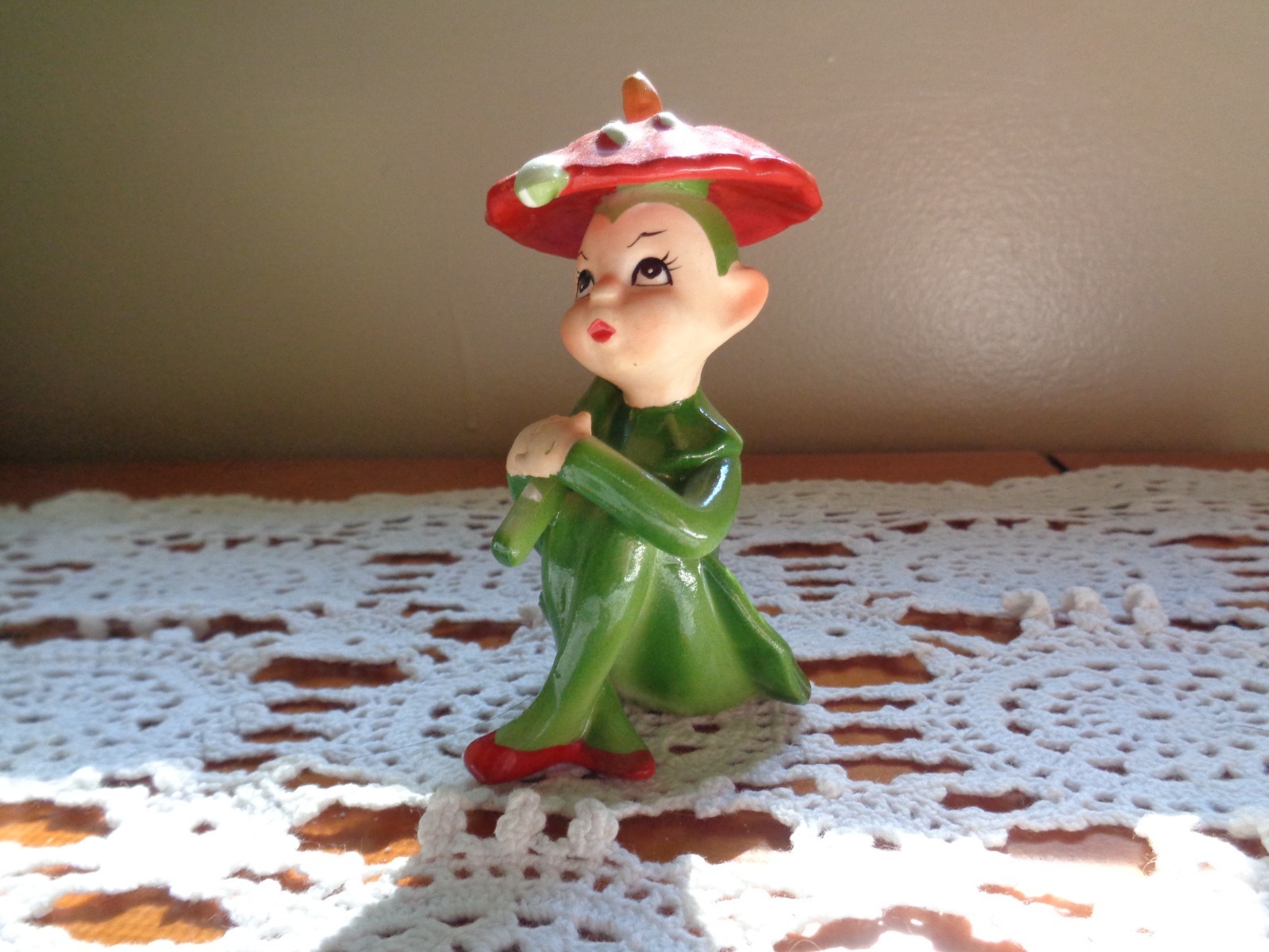 Vintage Josef Originals Pixie Elf Holding Flower Umbrella. 