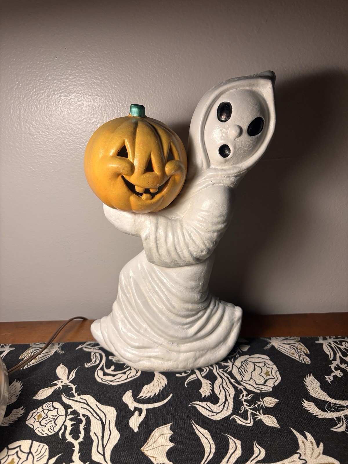Vintage Ceramic 12” Halloween Running Ghost W/Pumpkin 1980s RARE