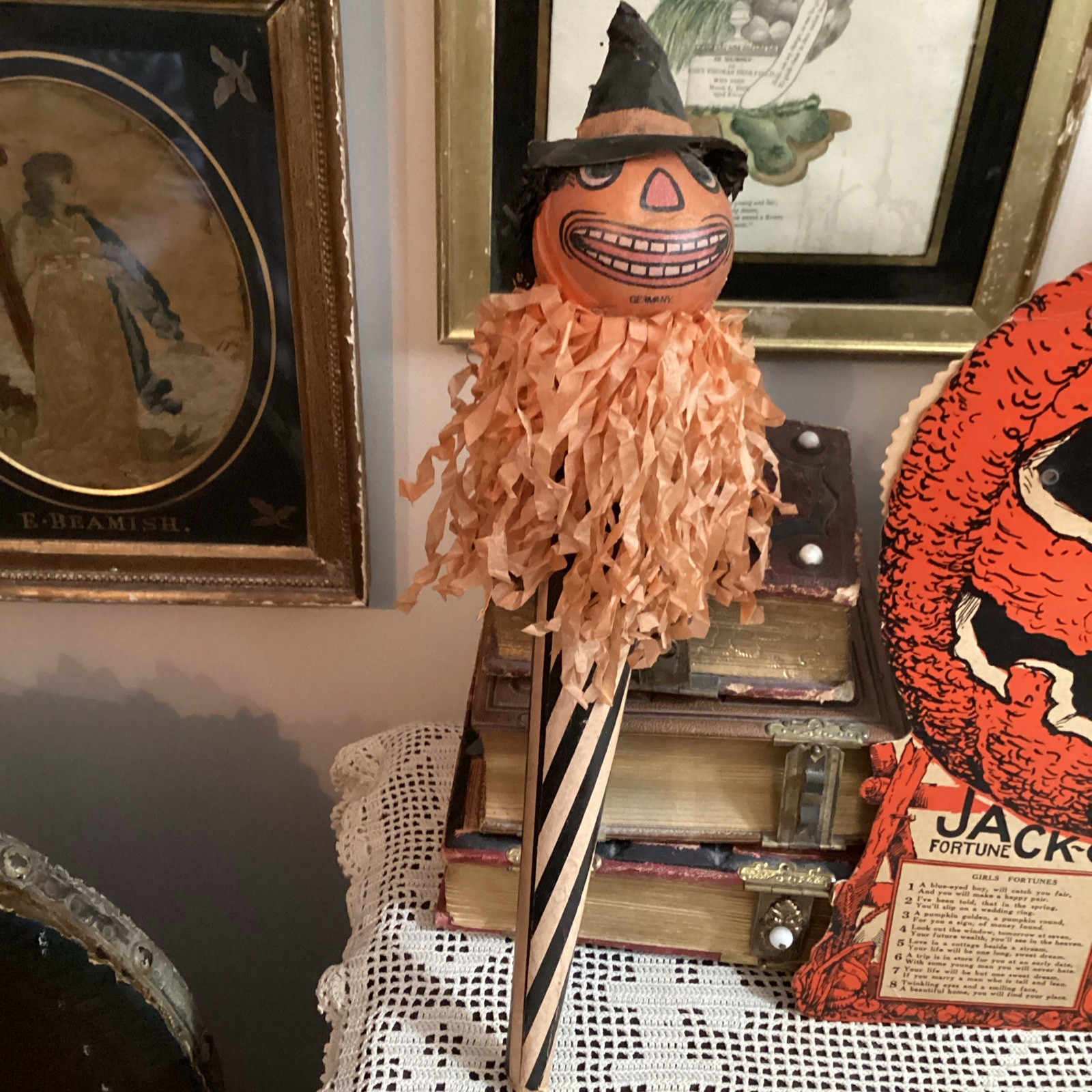 ANTIQUE HALLOWEEN PUMPKIN MAN NOISEMAKER HORN GERMANY 14  1/2” T.  RARE GREAT