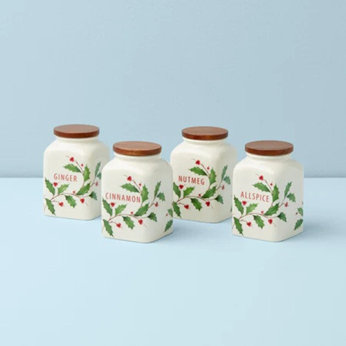 Lenox Fine China HOLIDAY Christmas Holly  4pc Spice Jar Set for Baking  N/O