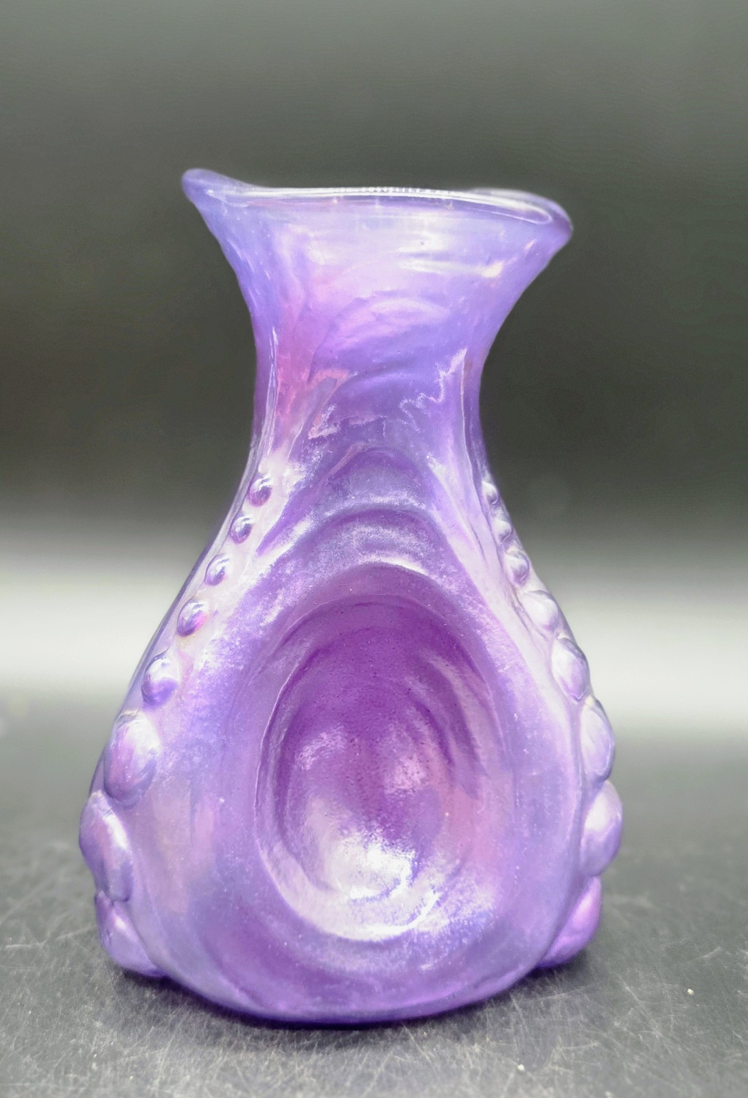 Vintage Consolidated Glass Catalonian Spanish Knobs Amethyst Pinch Vase 6.25\