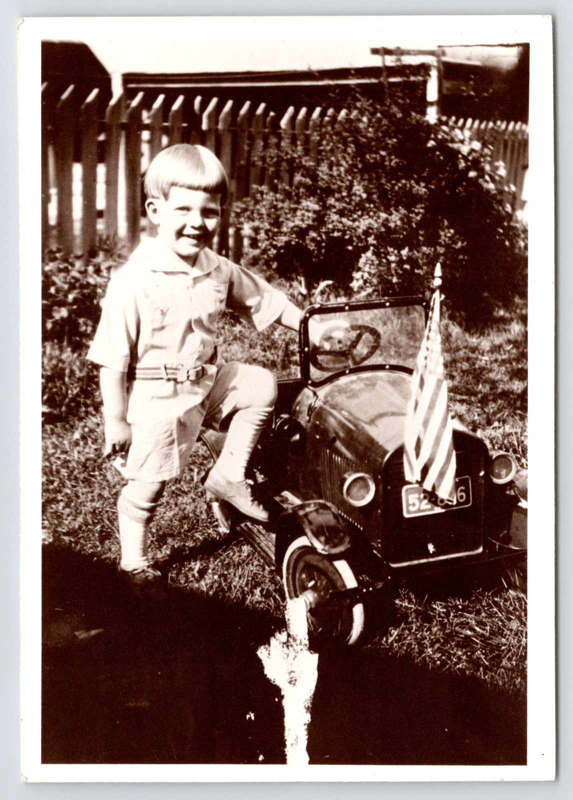 Late 1920s Snapshot~Blond Boy w/Bowlcut~Gendron? Pedal Car w/Lcnse Plate~Reprint