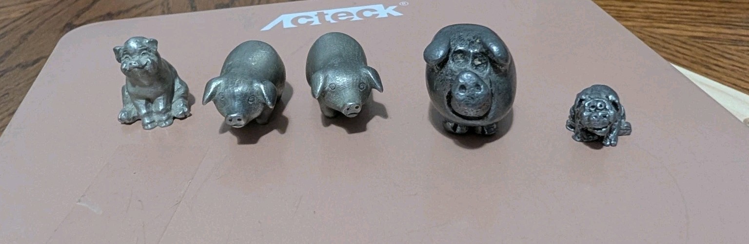 5 Piece Pewter Miniature Pig Figurines