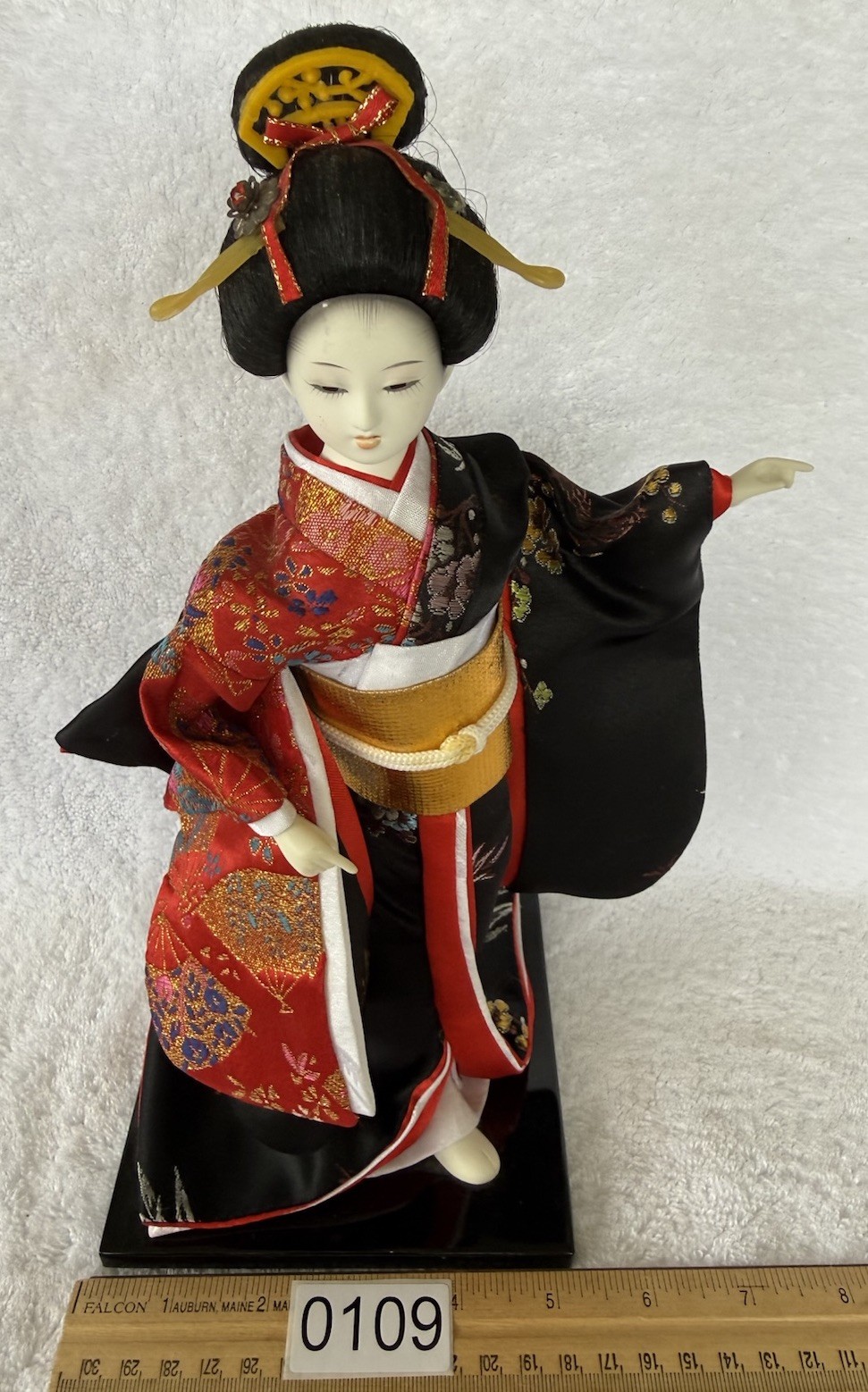 Vtg Japanese Geisha Doll Ningyo Red Kimono Wood Stand Folk Craft Figurine 12”