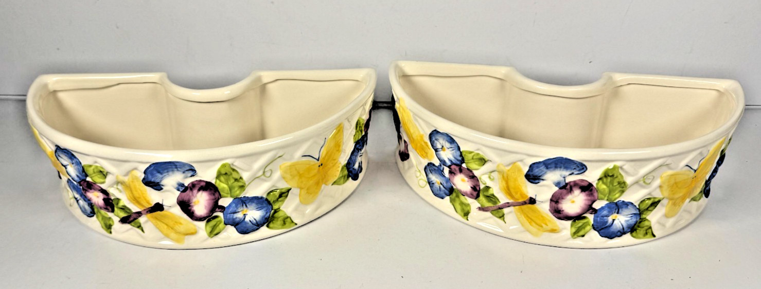Vintage Avon Garden Patio Ceramic Umbrella Planter Set Floral Butterfly Boxed