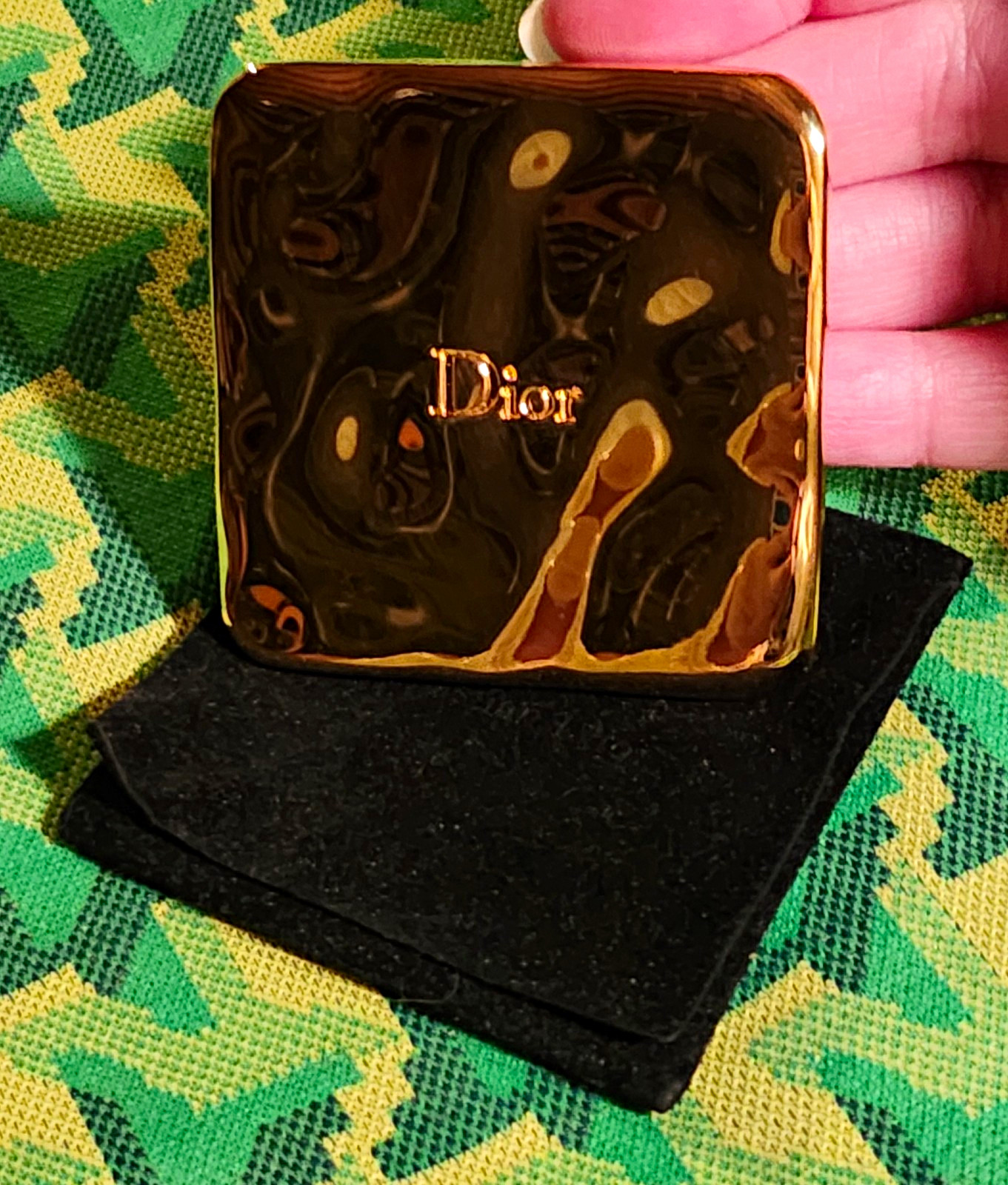 VTG Christian Dior Gold Wavy Compact Mirror, Black Velour Pouch Authentic 1990s 