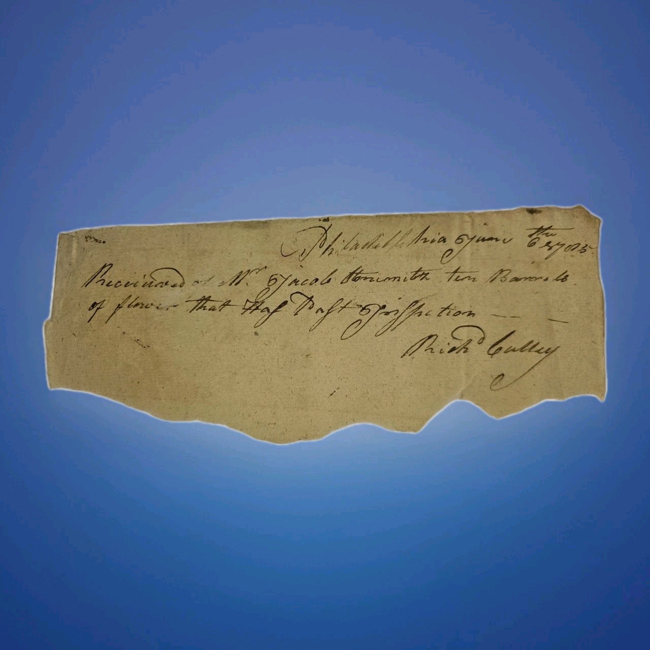 1785 Philadelphia Flour Receipt – Jacob Stonsmith to Rich Calley – Rare Early...