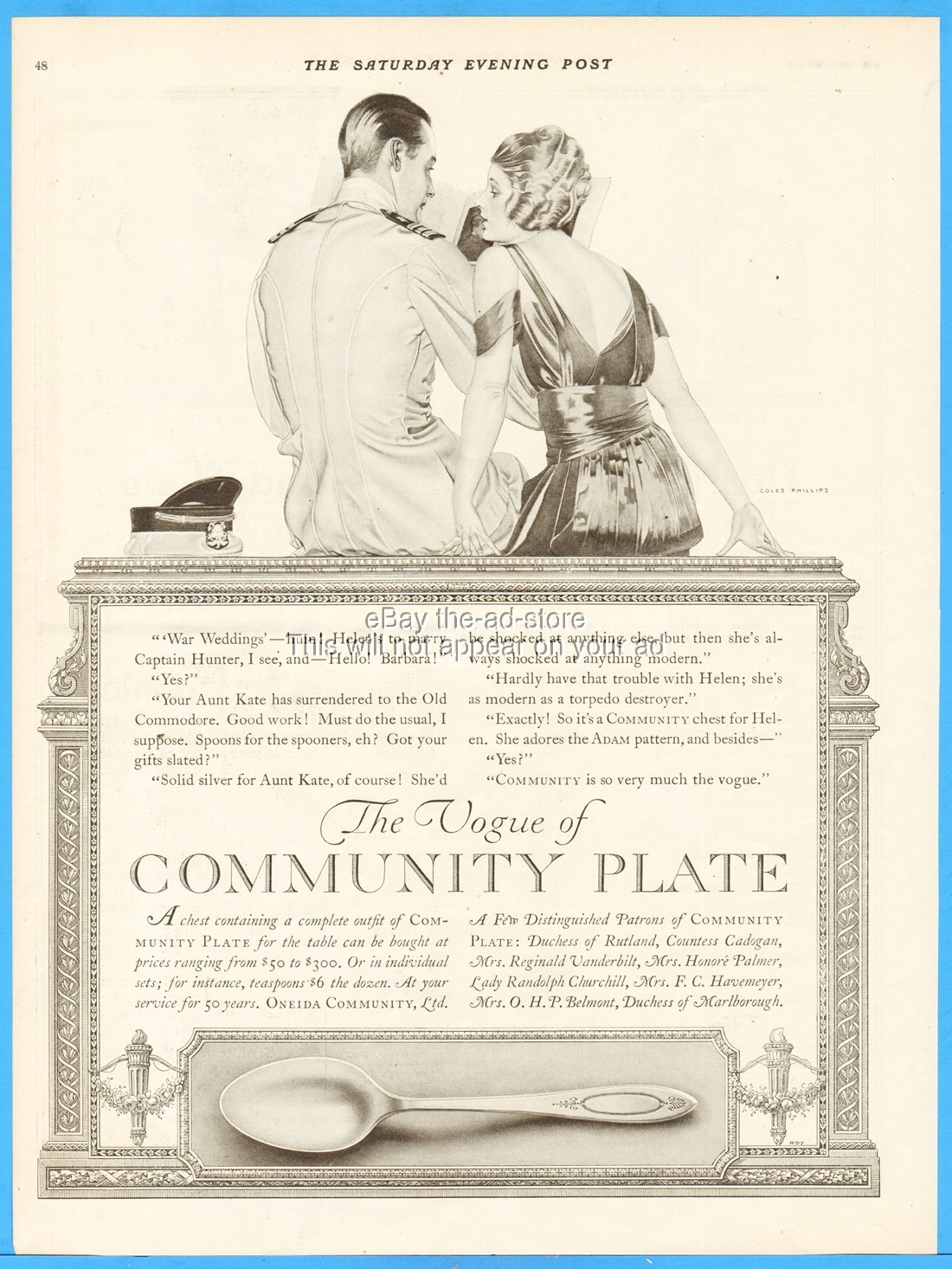 1917 Coles Phillips Oneida Community Silverware War Wedding WWI Navy Officer Ad