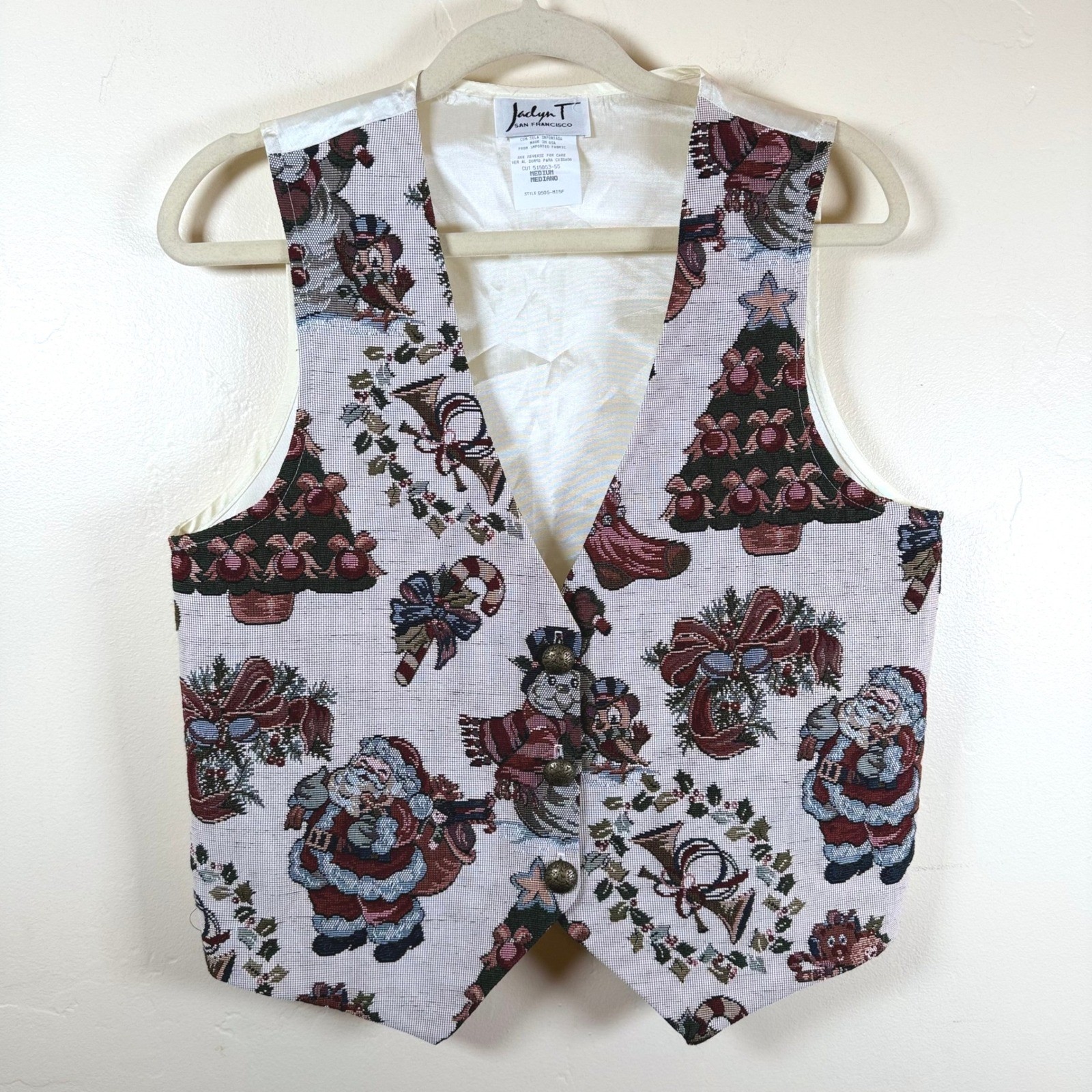 VTG 90s Jaclyn T Christmas Tapestry Vest Women Medium Santa Holiday Wreath Trees