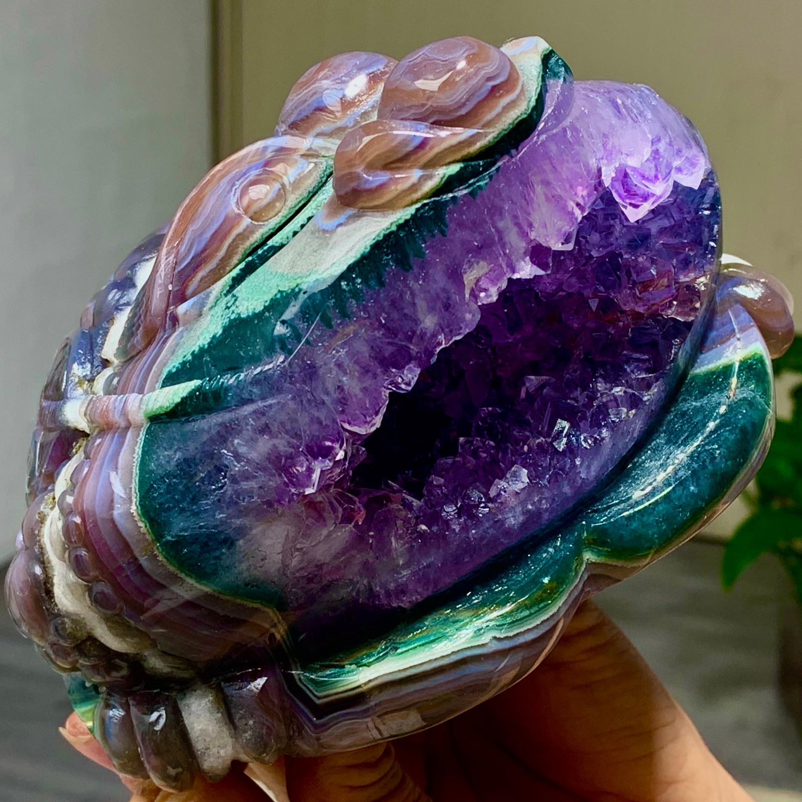 4.57LB Natural Amethyst agate geode quartz crystal Hand carved Golden Toad