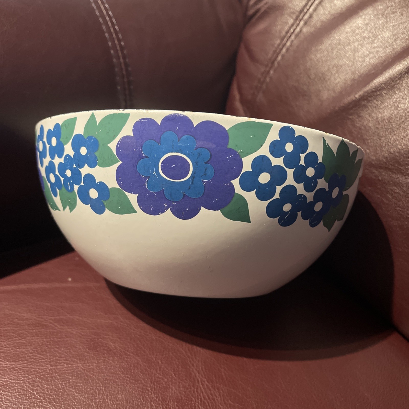 Finel Arabia Elisa Blue Enamel Bowl Vintage 8” Dia. White Purple Blue Flower