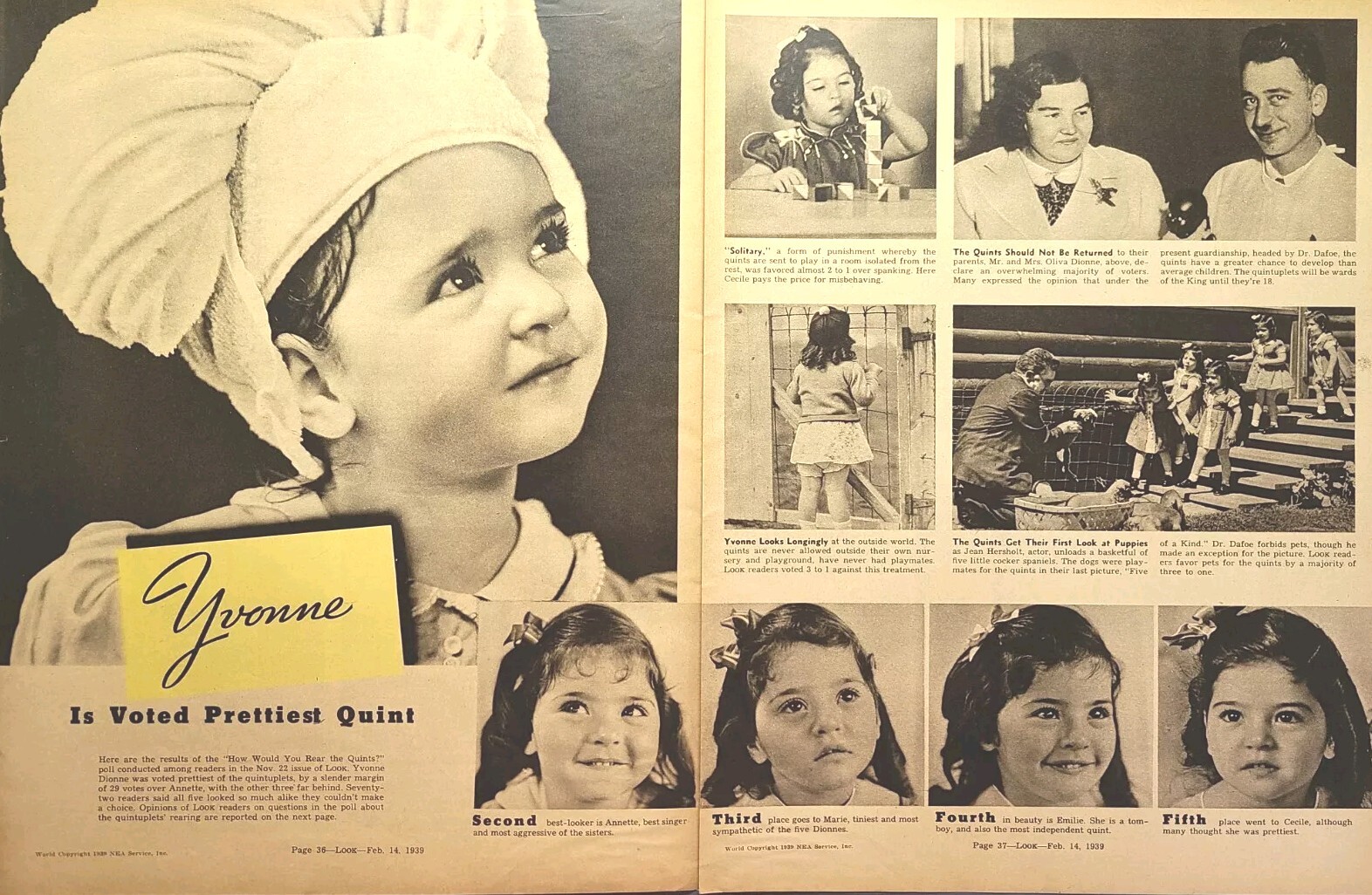 Prettiest Dionne Quint Contest Look Magazine Readers' Poll Vintage Print 1939