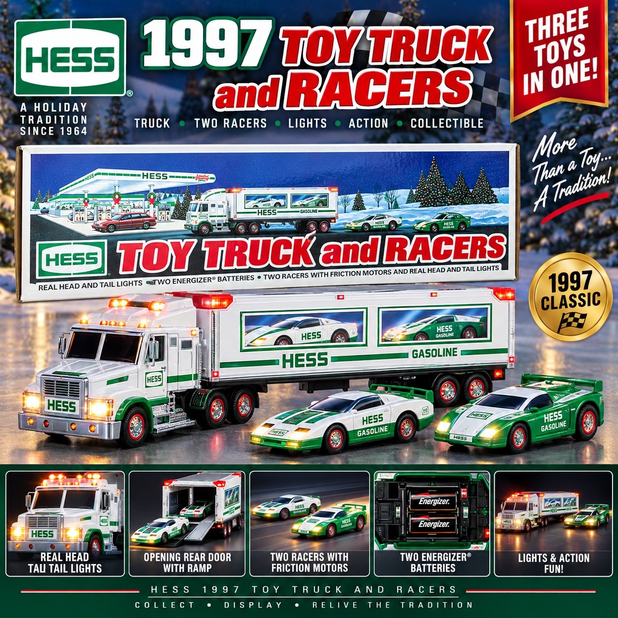 1997 Hess Toy Truck & Racers 2 Race Cars Original Box Vintage Collectible