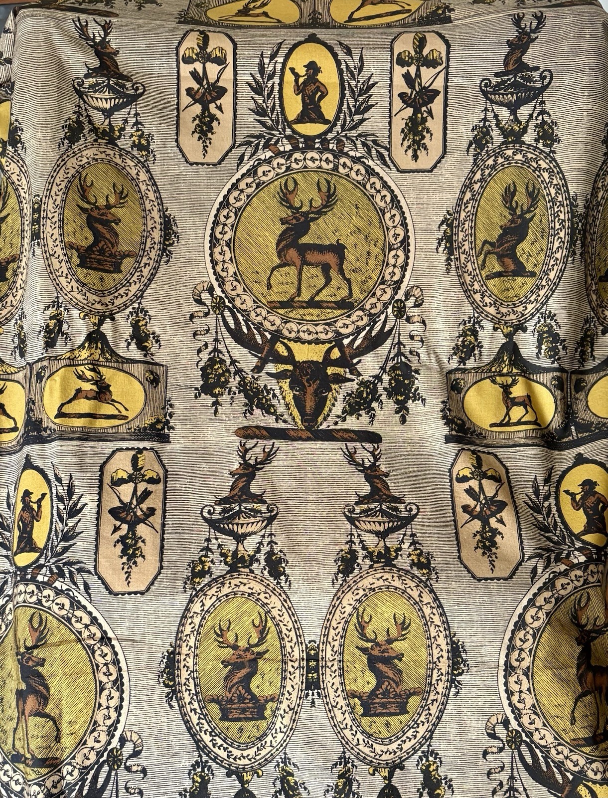 Rare Antique Deer Stag Cotton Interiors Fabric ~ Witcombe McGeachin ~ Mustard