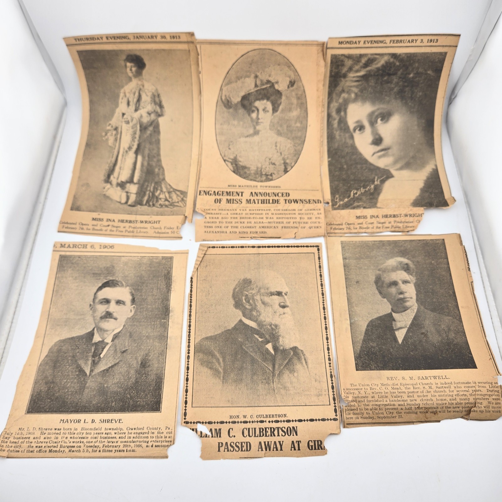Antique Newspaper Clippings Early 1900s Lot Of 6 Portrait Cutouts PA Ephemera