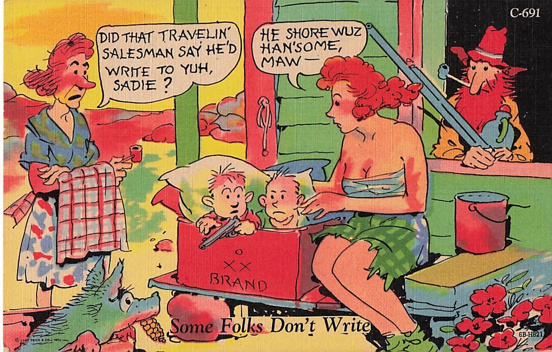Postcard c1940s Ray Walters Some Folks Don't Write Hillbilly shotgun C-691