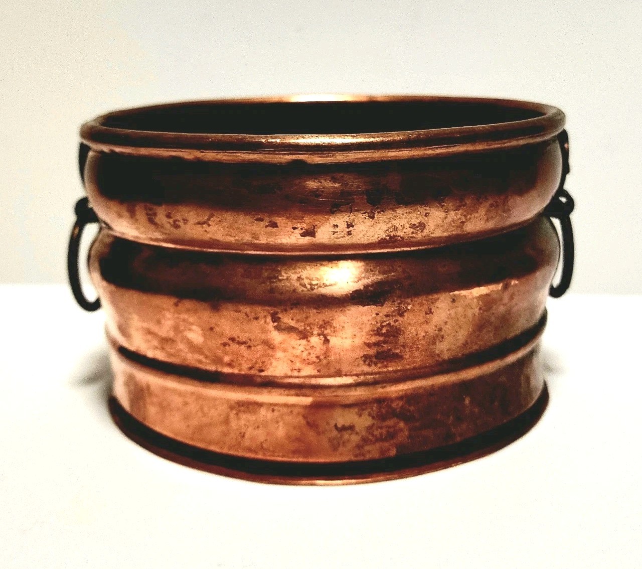 Vintage Ribbed Hammered  Copper Planter W/ Brass Ring Handles - Rare