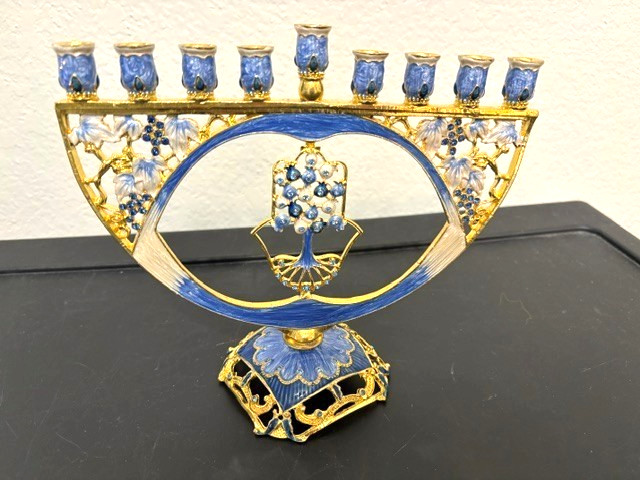 REDUCED Blue & Gold Enameled Brass Menorah 9-Branch Jeweled 8\