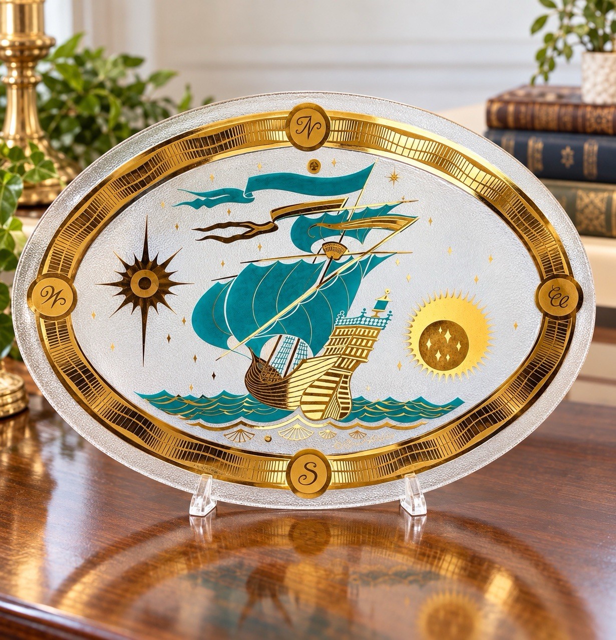 Vintage Fred Press Oval Glass Platter Nautical Ship Gold Turquoise MCM
