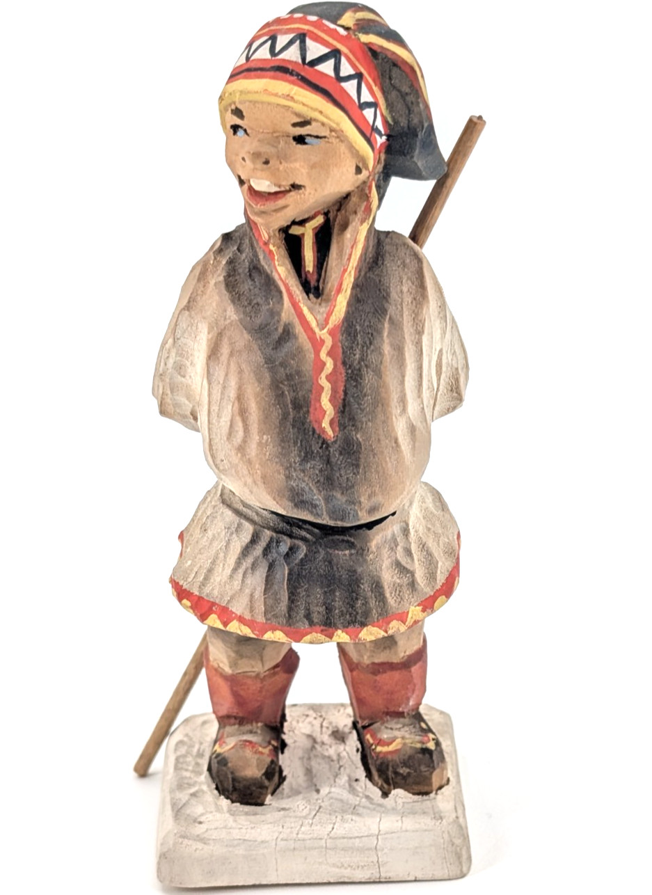 Hand Carved in Norway Sami with Stick Cedar Wooden Figurine Sculpture Vintage